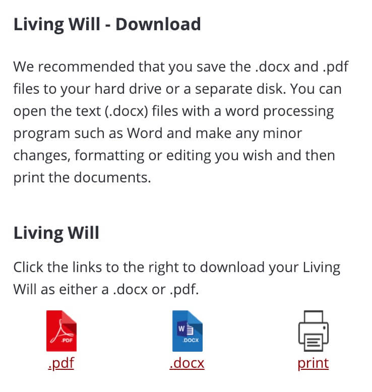 Download your Living Will as either a .docx or .pdf