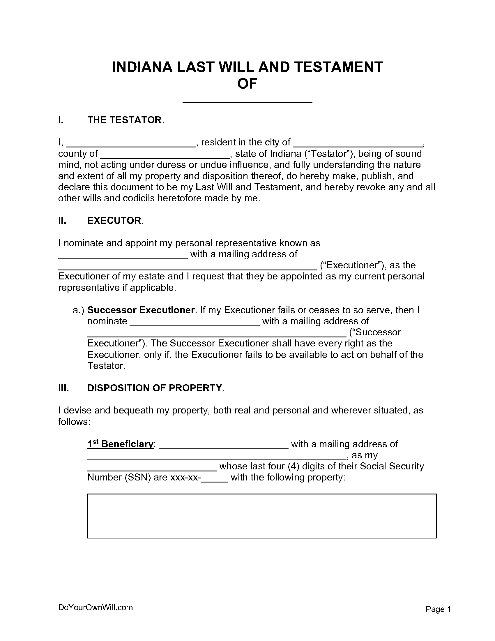 Free Indiana Last Will And Testament Form Pdf Word Odt