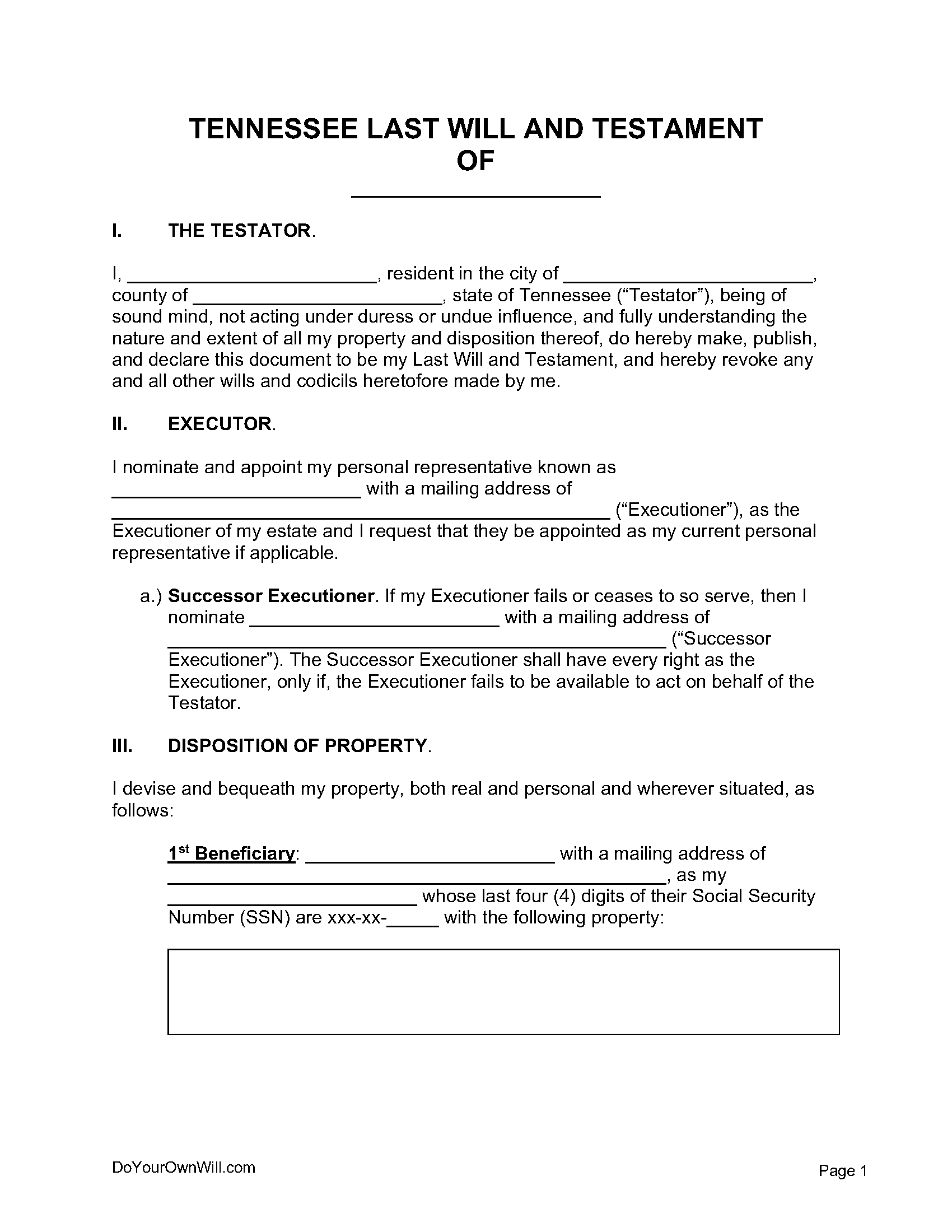 Free Tennessee Last Will and Testament Form PDF WORD 1 ODT