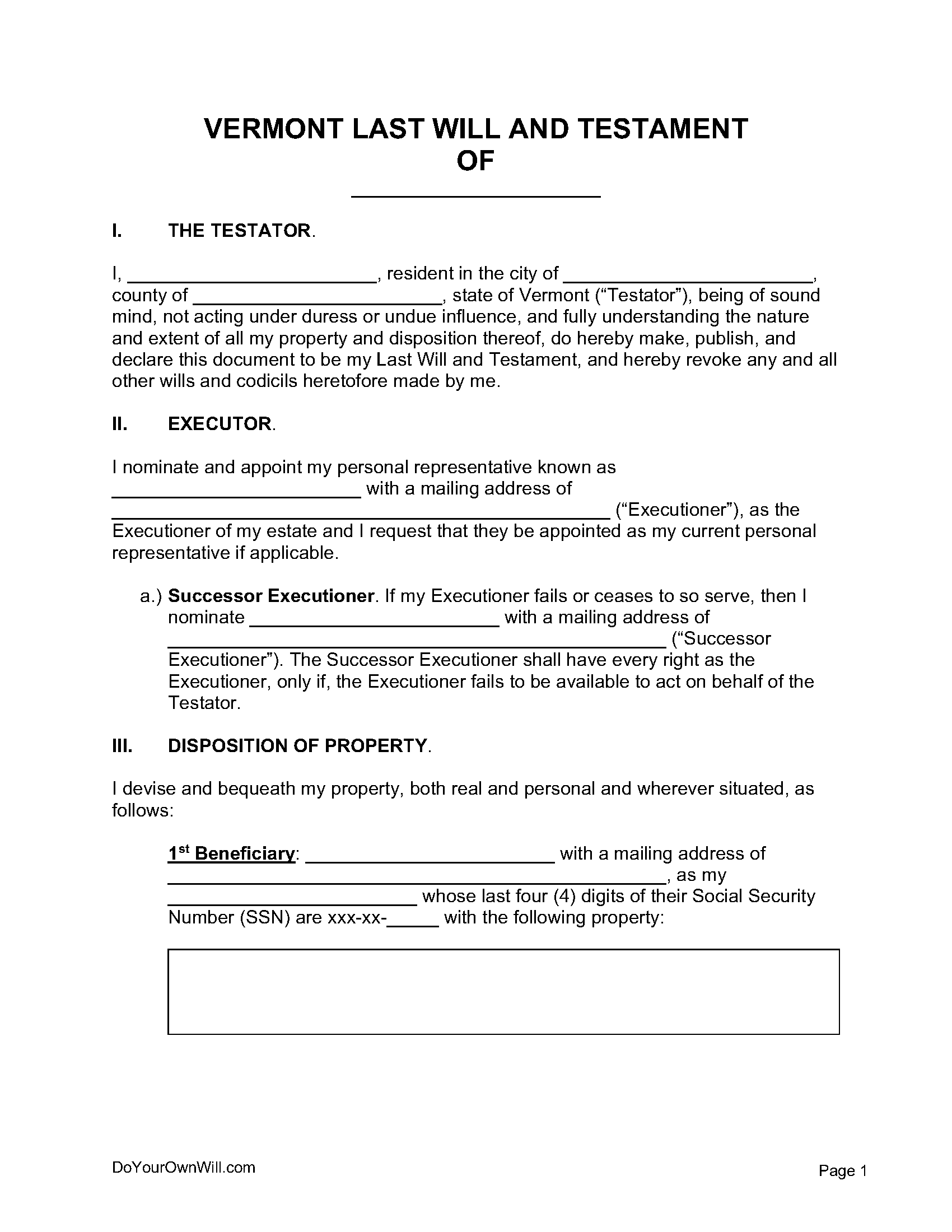 Free Vermont Last Will And Testament Form Pdf Word 1 Odt